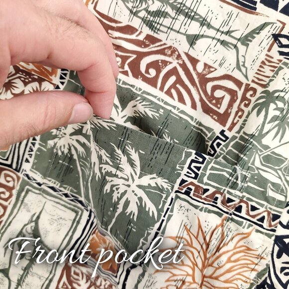 AFTCO Bluewater Hawaiian Shirt Polynesian Fishing Palm Trees Made USA Men Large - Picture 9 of 12